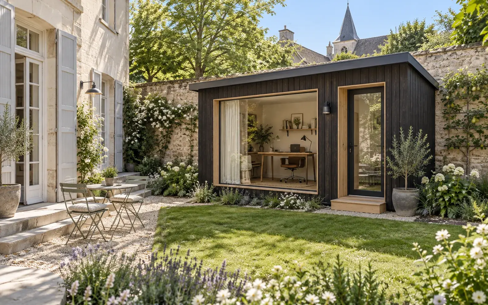 Concept of an ebony garden office in a French family courtyard