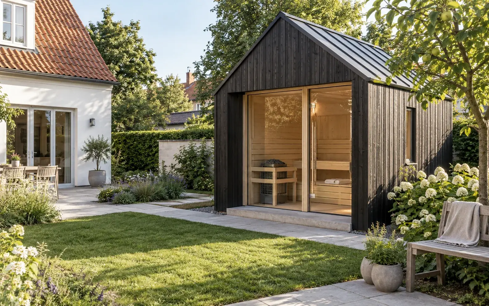 Concept of a gabled ebony sauna beside a German family home