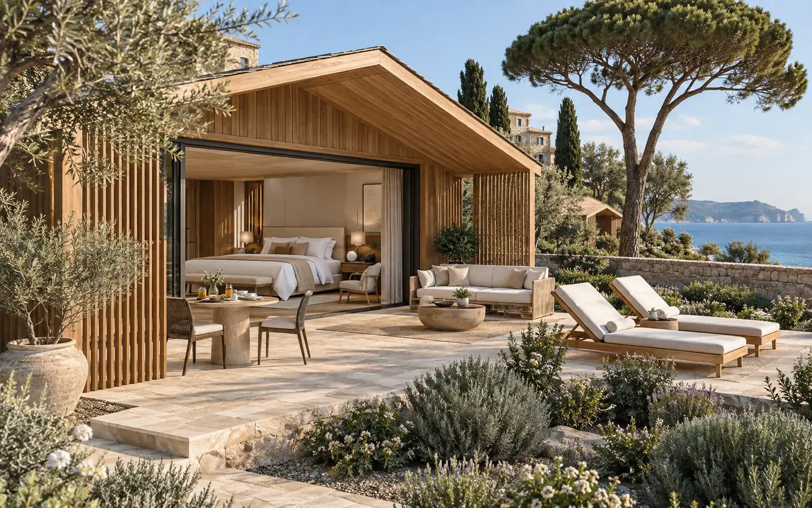 Concept of a luxury timber hotel suite in a Mediterranean coastal garden
