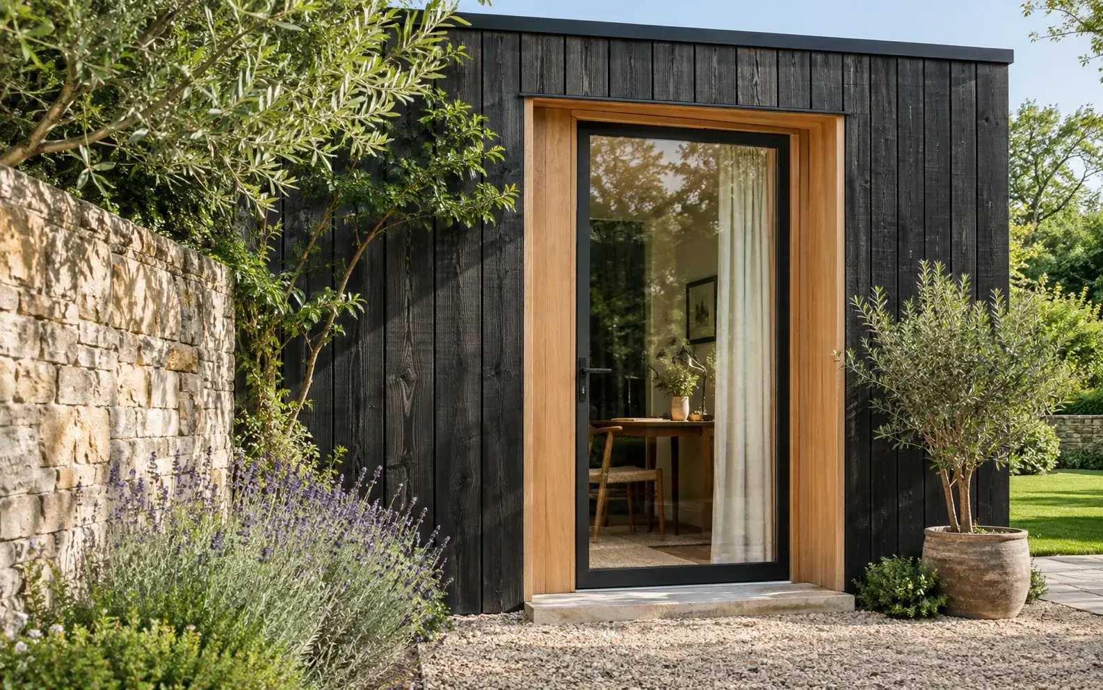 Concept detail of an oak-framed entry to an ebony garden study