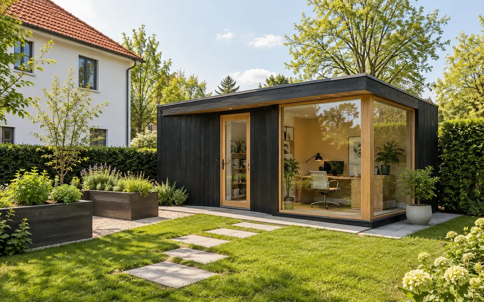 Concept of a garden office beside a German family home