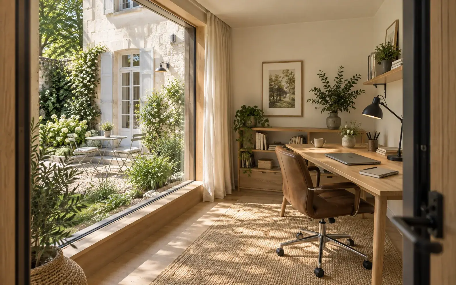 Concept of a bright garden office interior facing a stone courtyard