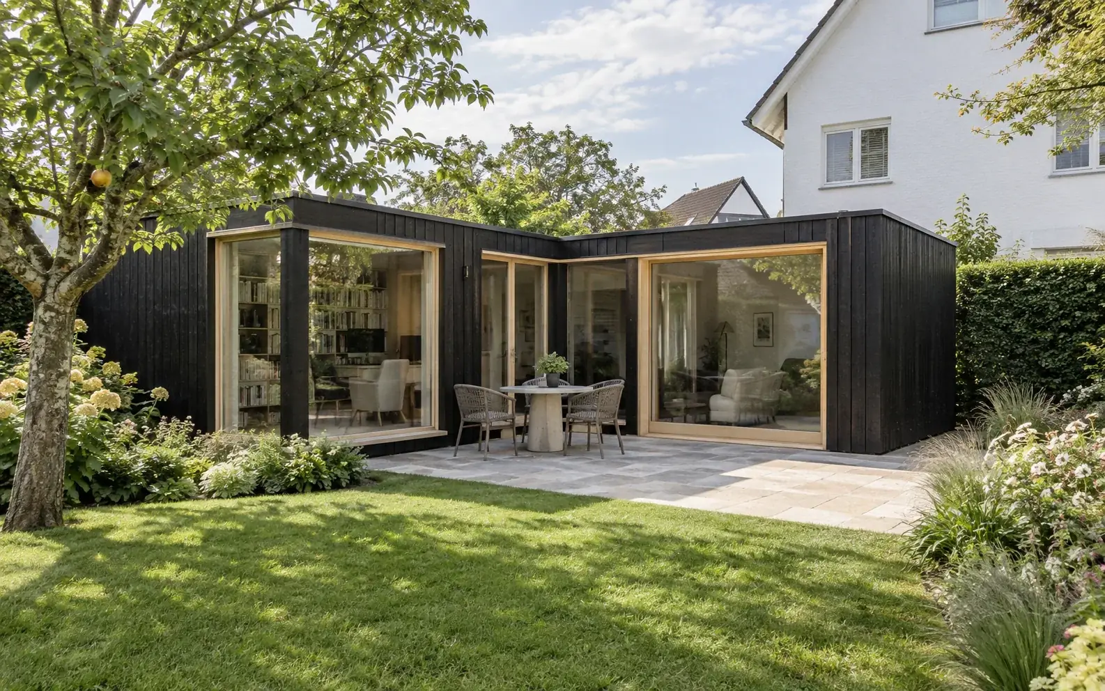Concept of an L-shaped timber garden room beside a German family home