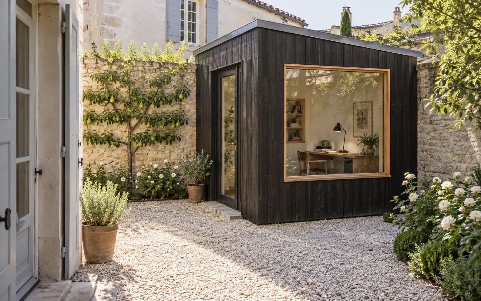 Concept of a compact timber study in a small French courtyard