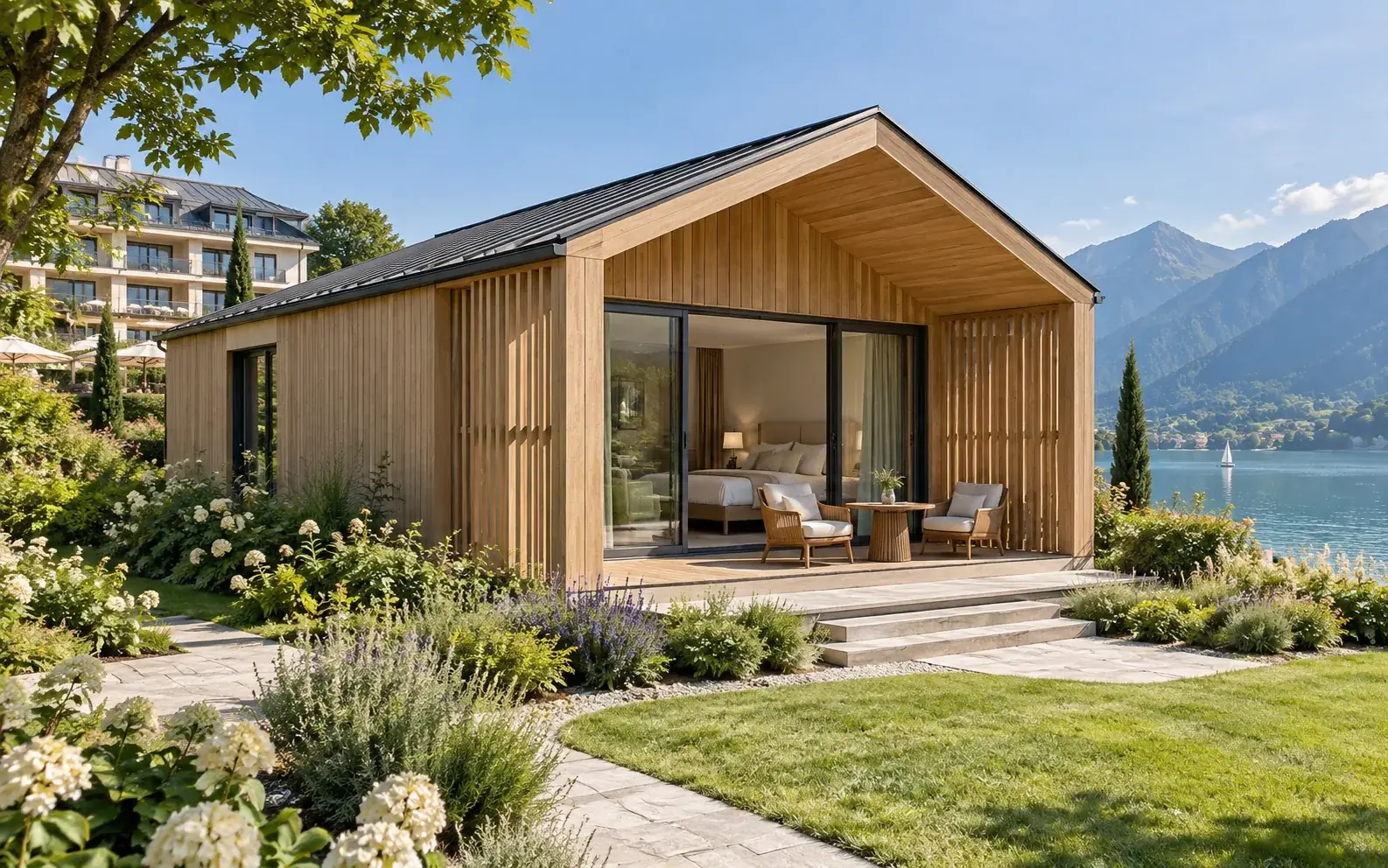 Concept of a luxury timber hotel suite in an Austrian-inspired lakeside garden