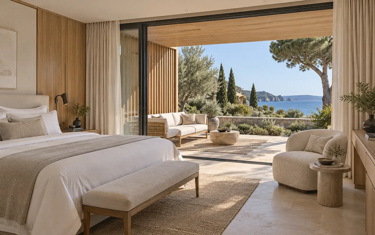 Concept of a luxury coastal timber hotel bedroom