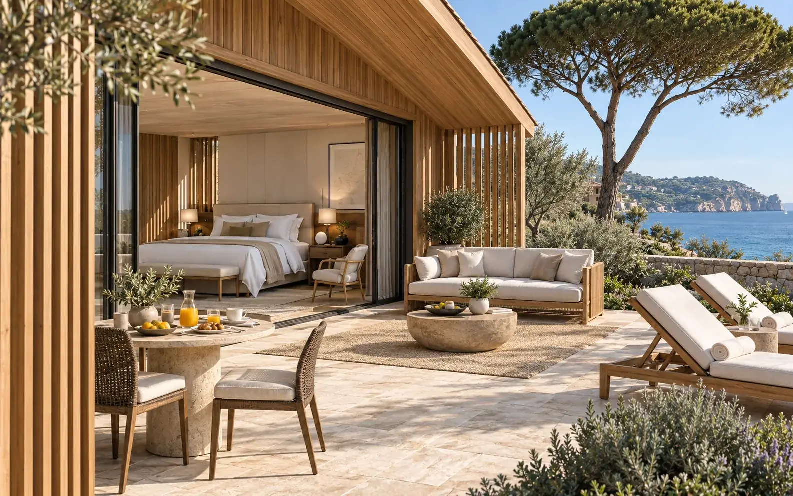 Concept of a private loggia at a coastal timber hotel suite