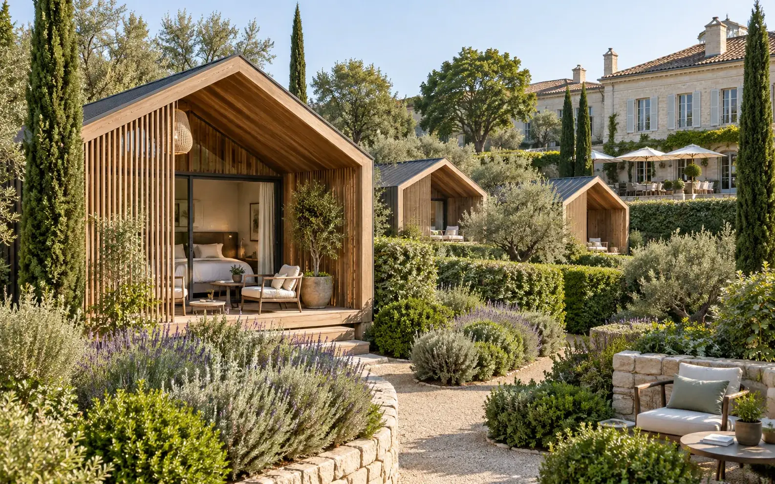Concept of timber guest suites in a landscaped boutique hotel garden