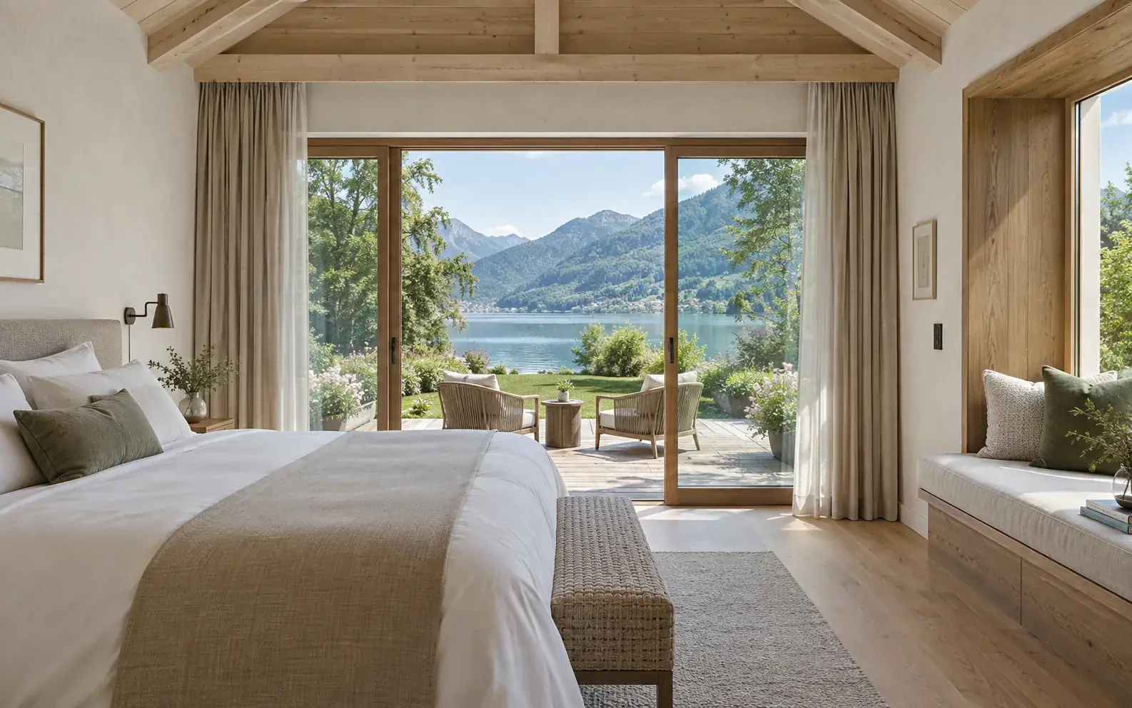 Concept of a luxury timber guest room overlooking an alpine lake