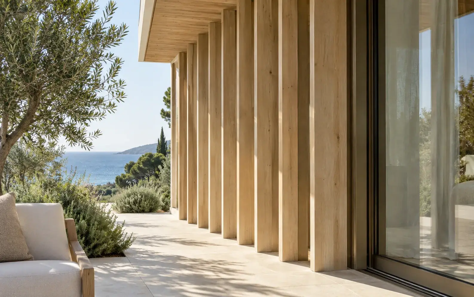 Concept detail of timber privacy screens at a coastal hotel suite