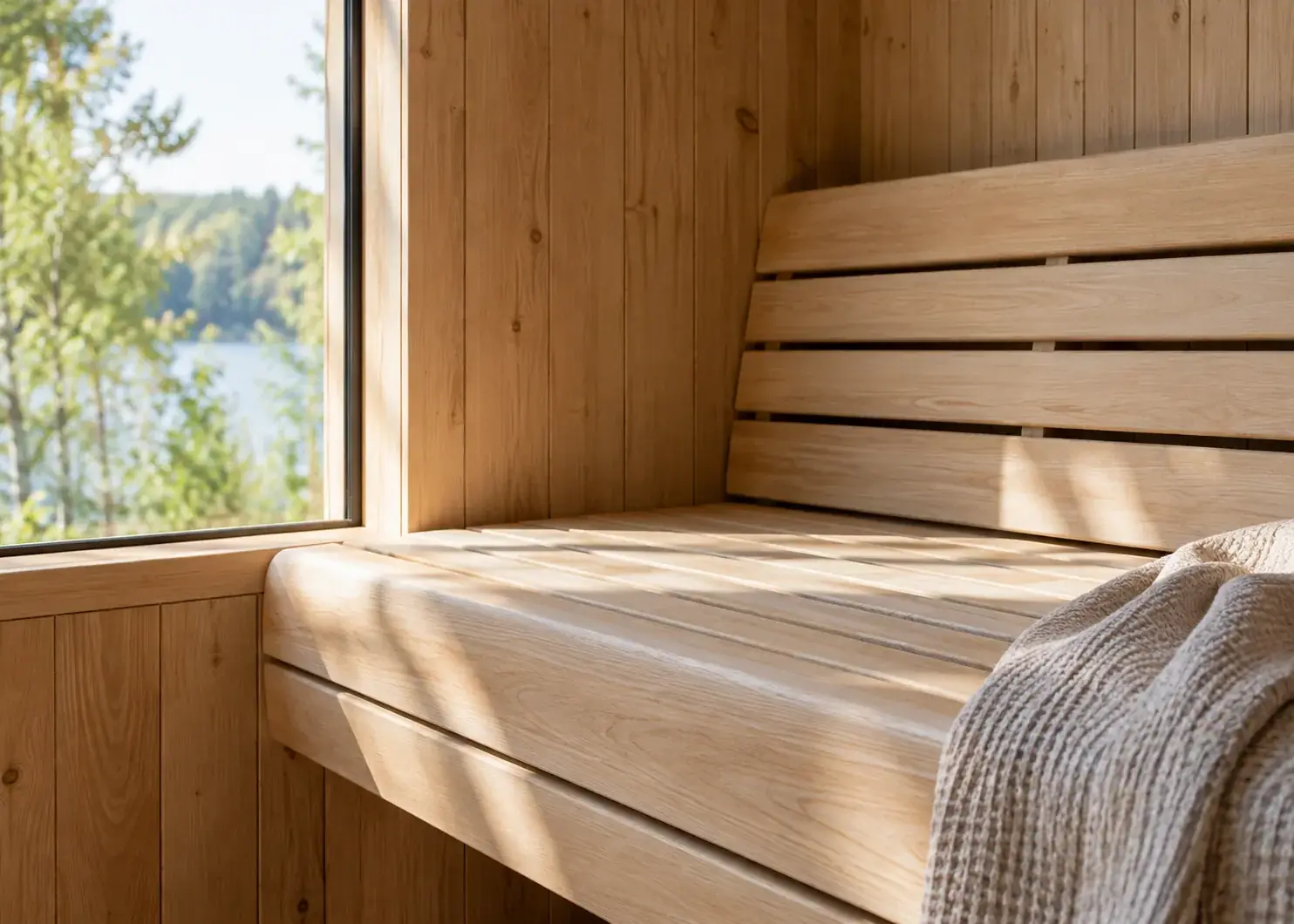 Concept detail of a pale timber sauna bench and backrest