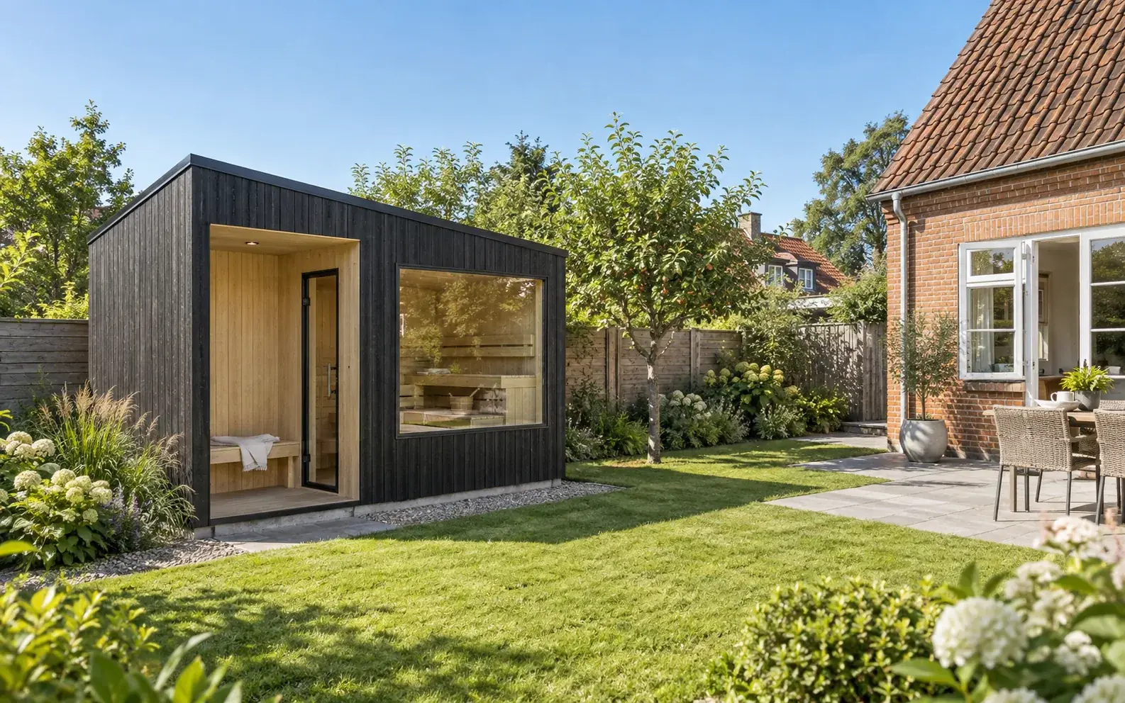 Concept of a private sauna beside a Danish family home