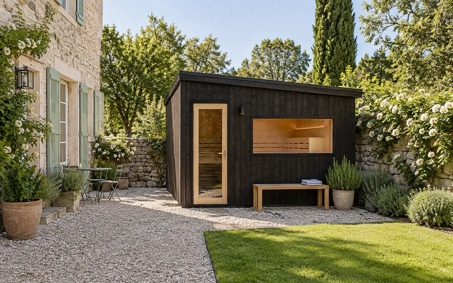 Concept of a compact sauna in a French walled family garden