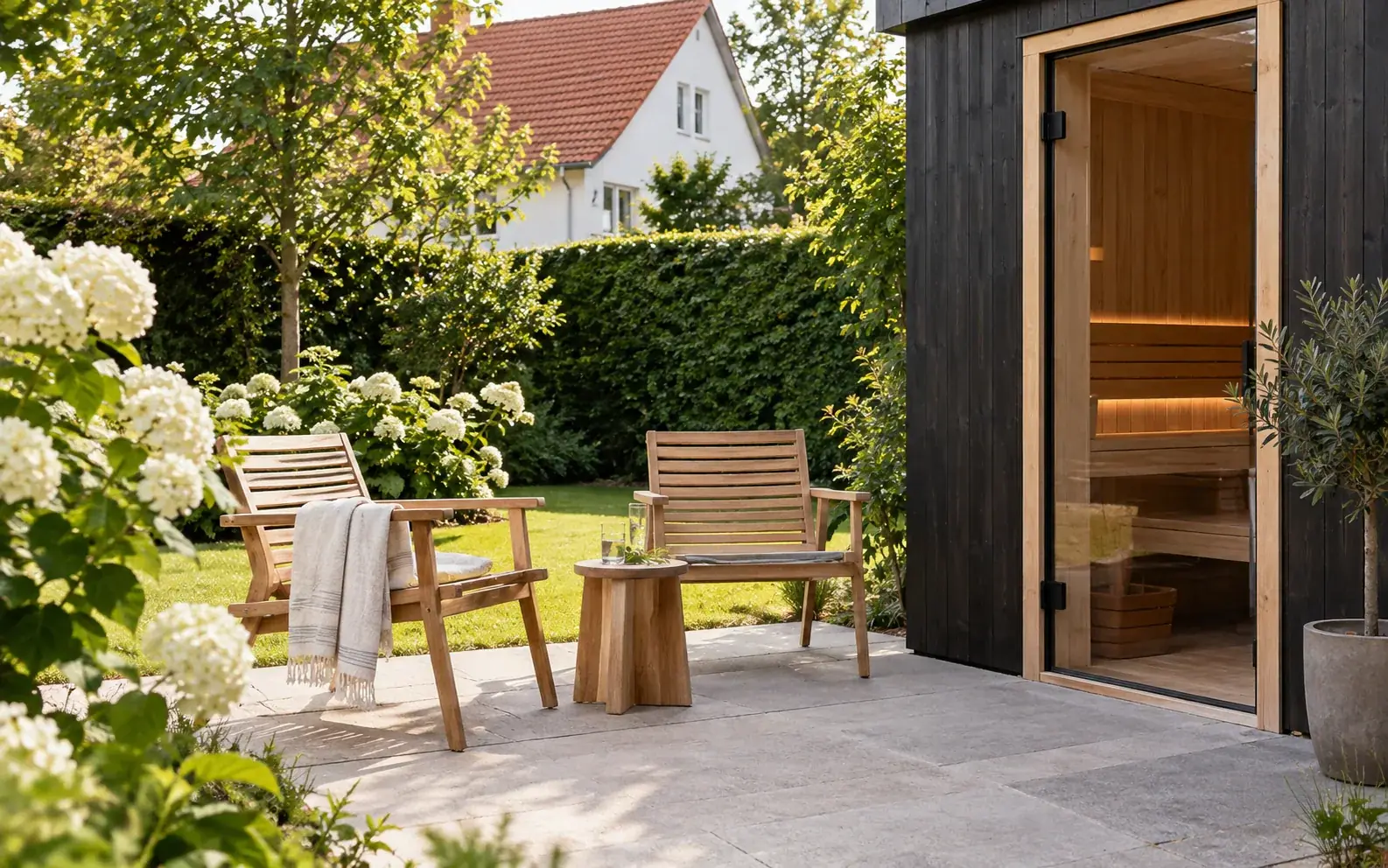 Concept of a private garden sitting area beside a home sauna