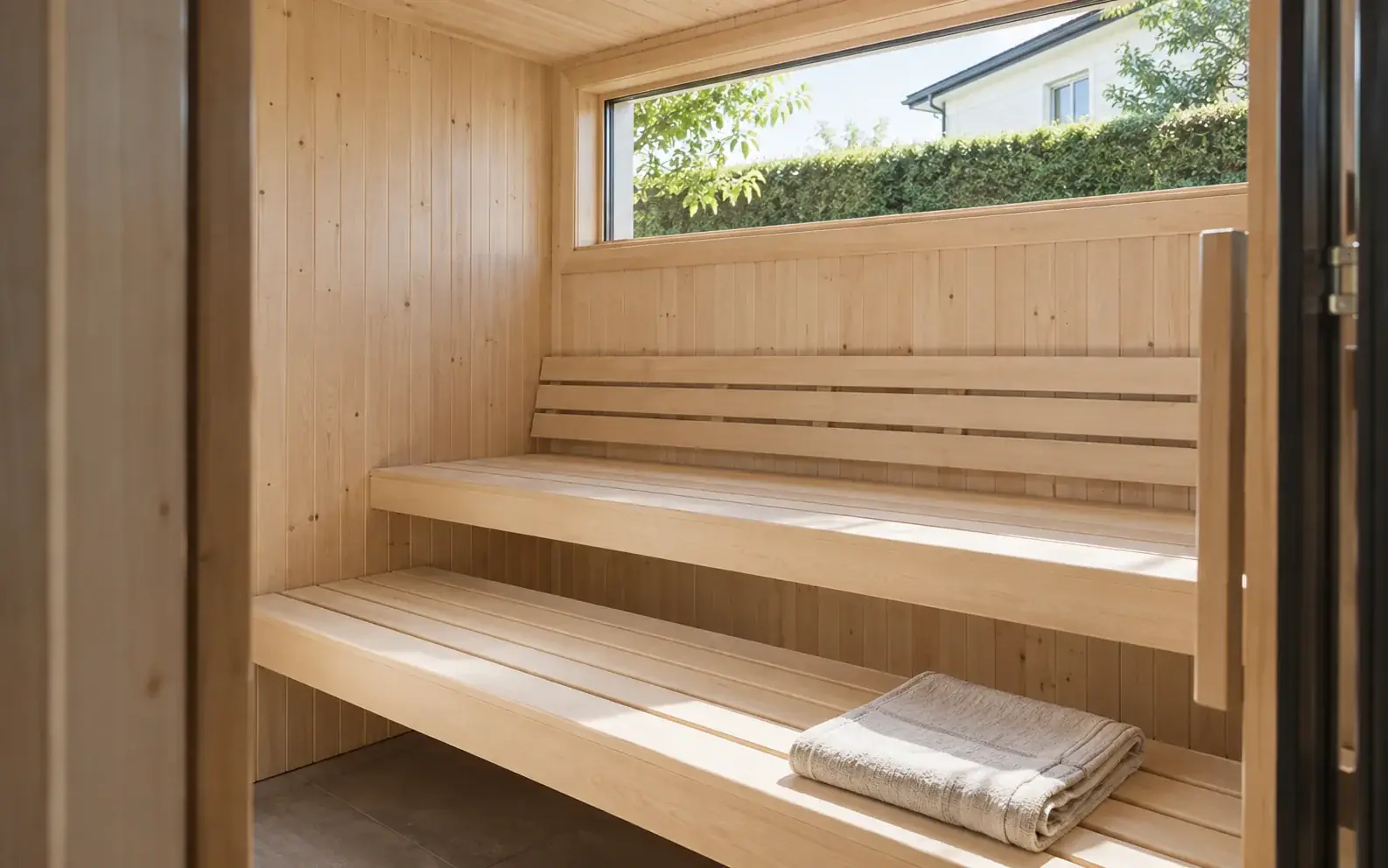 Concept of pale timber sauna benches in natural daylight