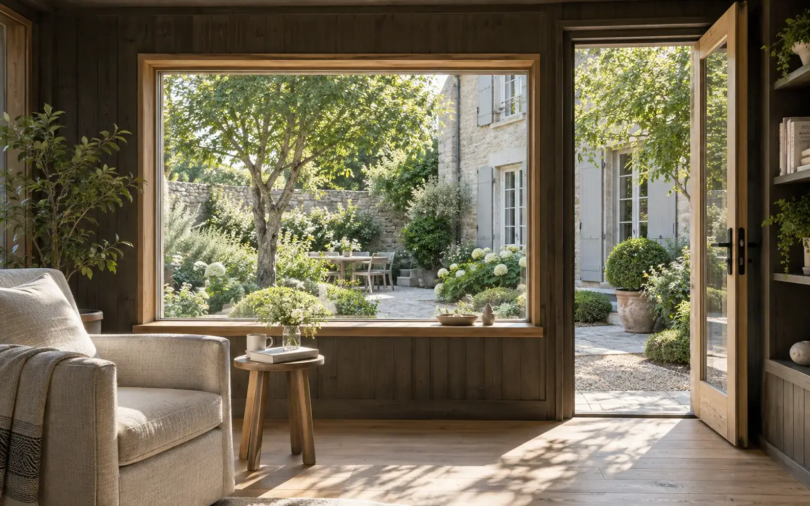Concept of a garden reading room opening toward a French family courtyard