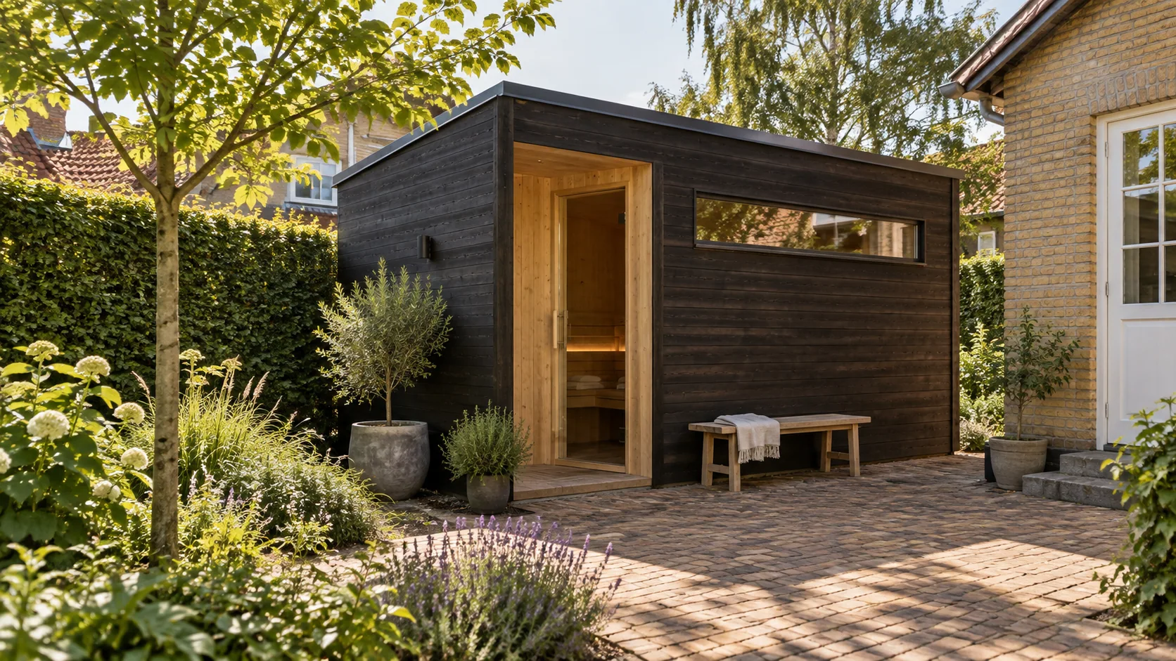 Concept of a gabled ebony sauna beside a German family home