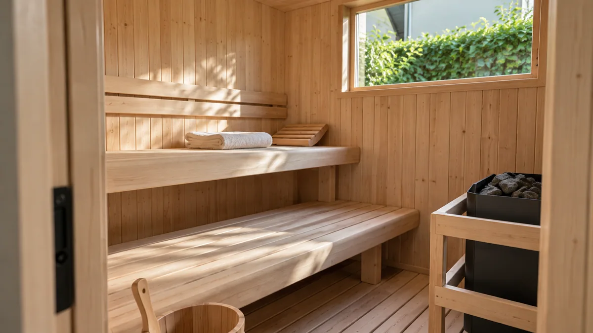 Concept of pale timber sauna benches in natural daylight