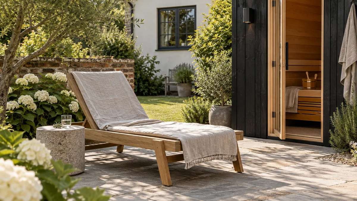 Concept of a private garden sitting area beside a home sauna